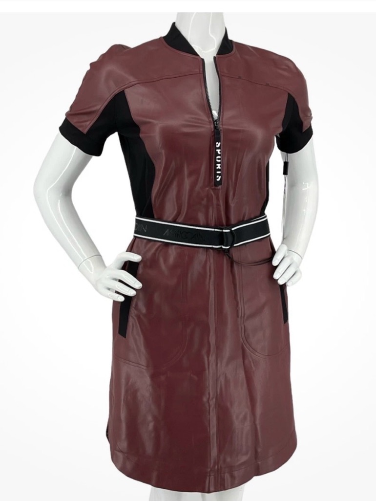 Marc Cain Sports Faux Leather Dress Burgundy Colorblock Zip Front W/Belt Xl Nwt